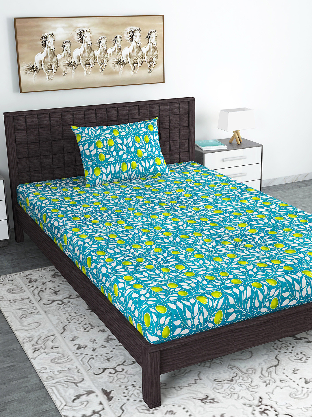 Divine Casa Teal Floral Cotton 144 TC Single Bedsheet with a Pillow Cover-55 x 87 inches