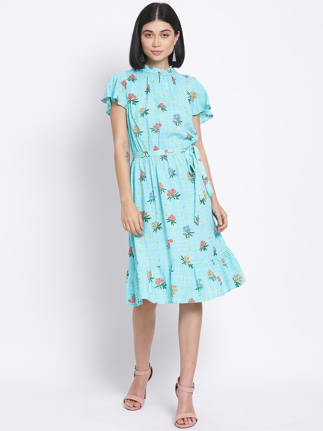 Oxolloxo Women Blue Printed Fit and Flare Dress