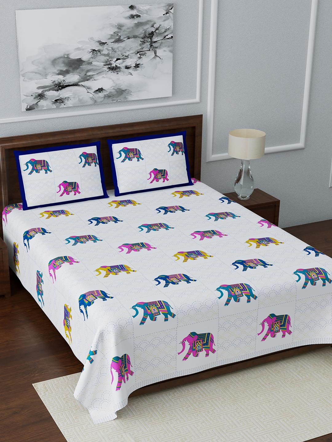 LIVING ROOTS Off White Ethnic Motifs Cotton Breathable 210 TC Queen Fine Bedsheet with 2 Pillow Covers-243 x 216 cm