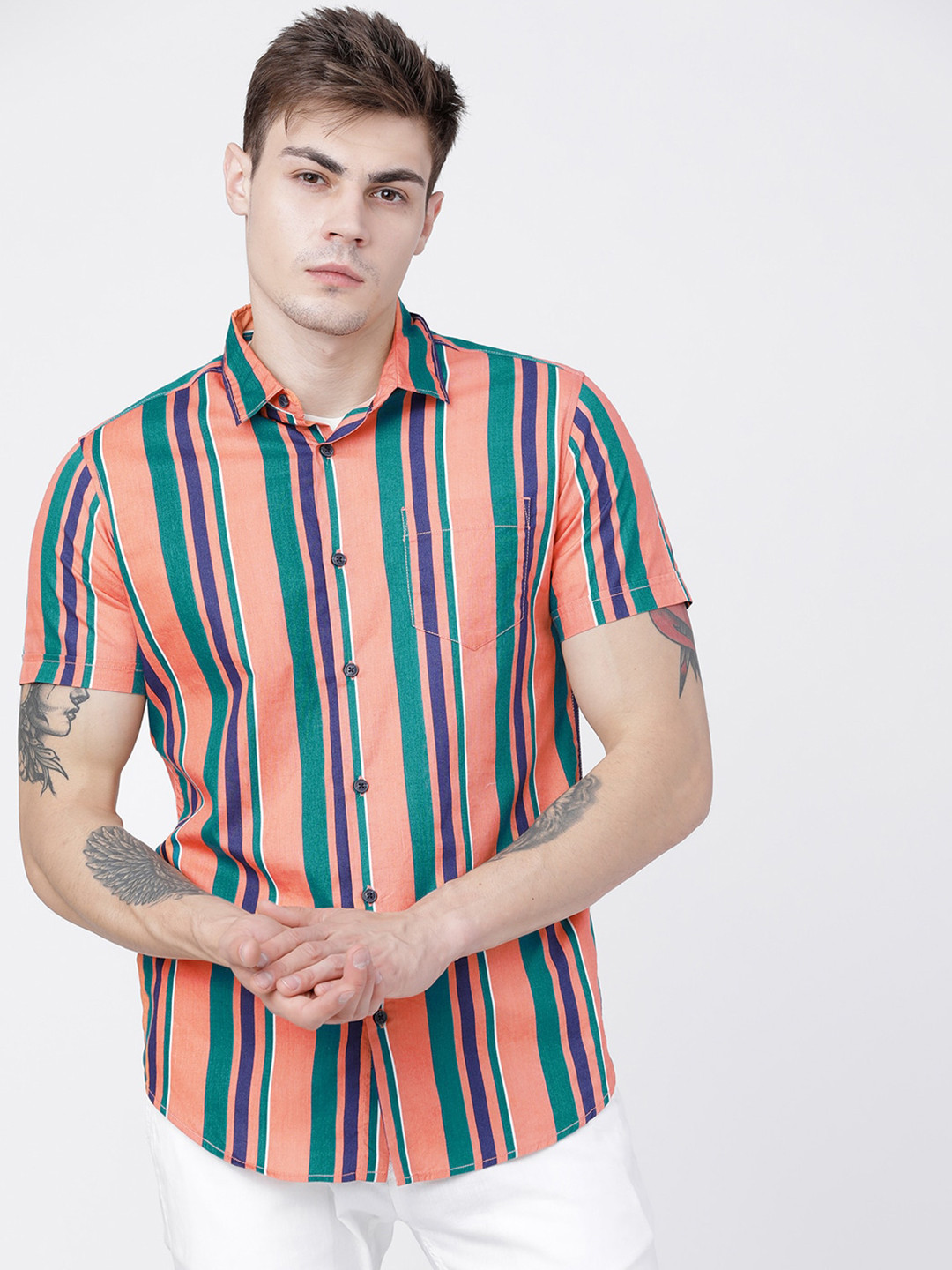 LOCOMOTIVE Men Teal Slim Fit Striped Casual Shirt