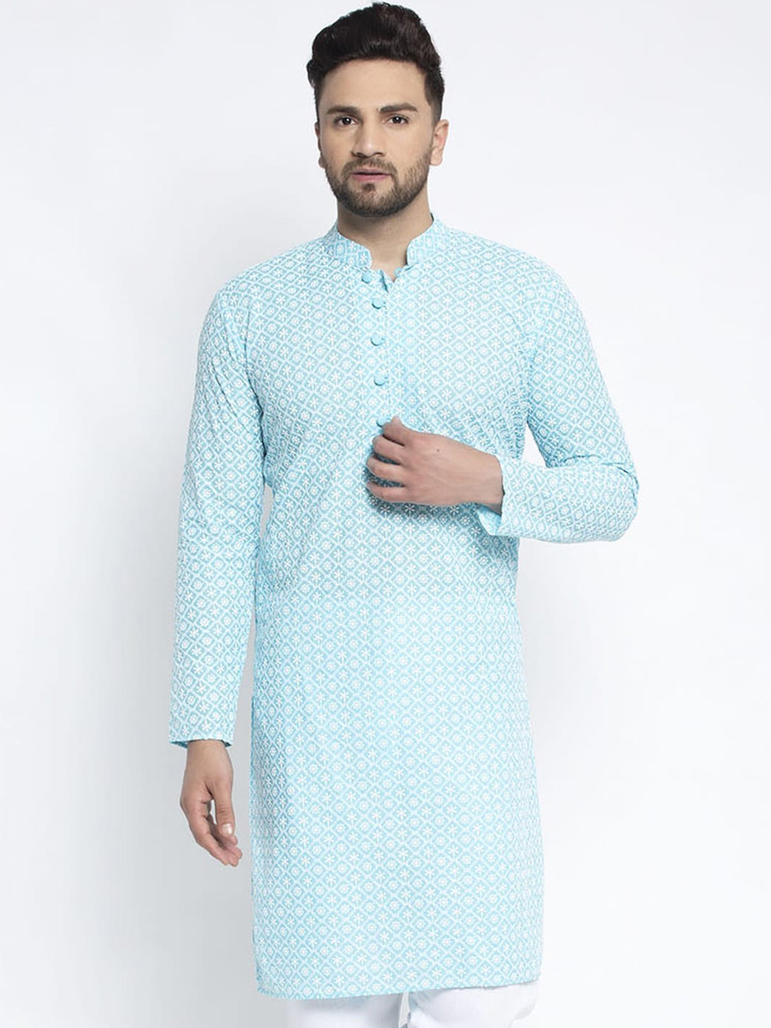 Jompers Men Turquoise Blue Thread Work Kurta