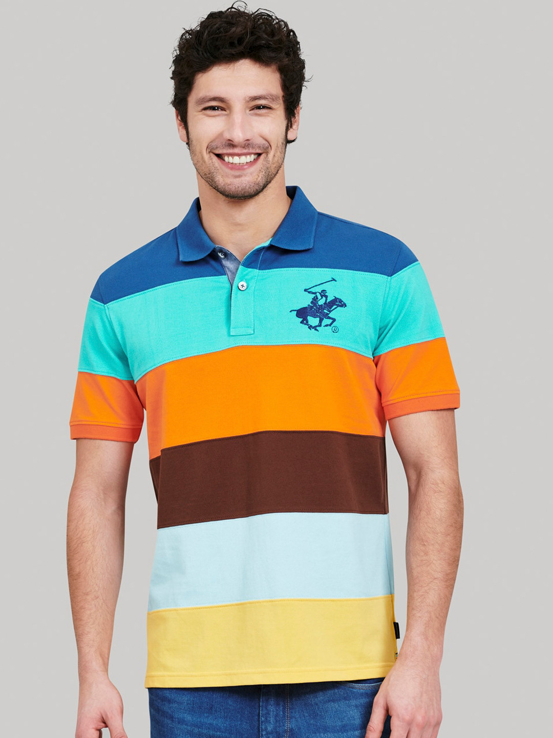 Beverly Hills Polo Club Men Blue & Orange Striped Polo Collar T-shirt