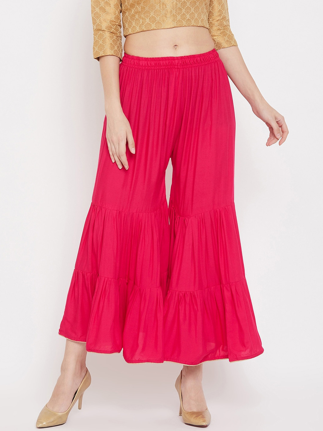 Clora Creation Women Magenta & Gold-Toned Solid Flared Palazzos