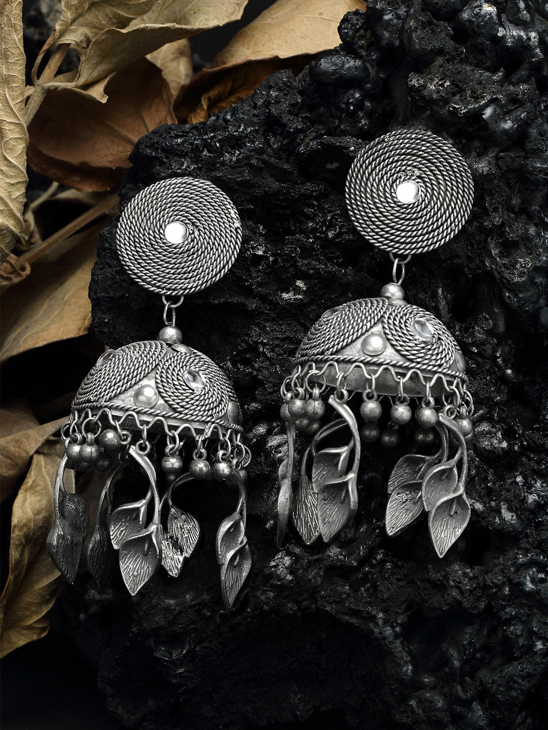 Moedbuille Chandelier Design Oxidised Silver Plated Handcrafted Tasselled Jhumkas