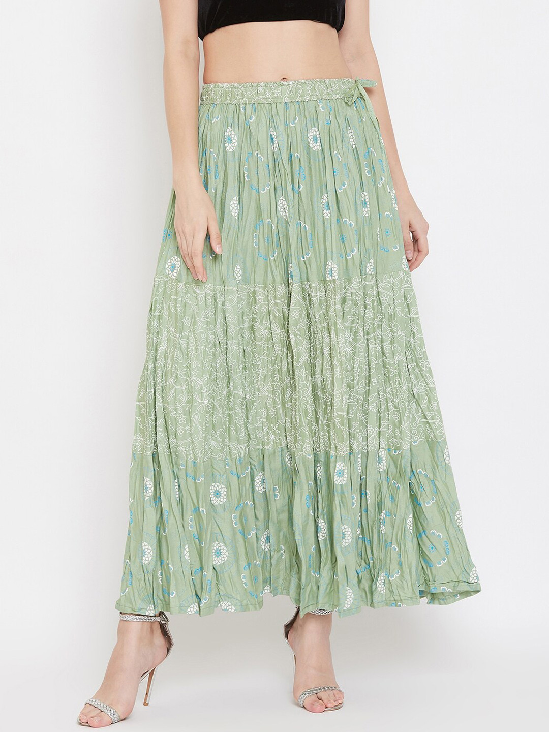 Clora Creation Women Green & White Printed Flared Maxi Skirt