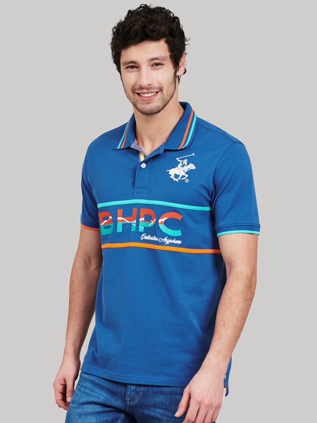 Beverly Hills Polo Club Men Blue Self Design Polo Collar T-shirt
