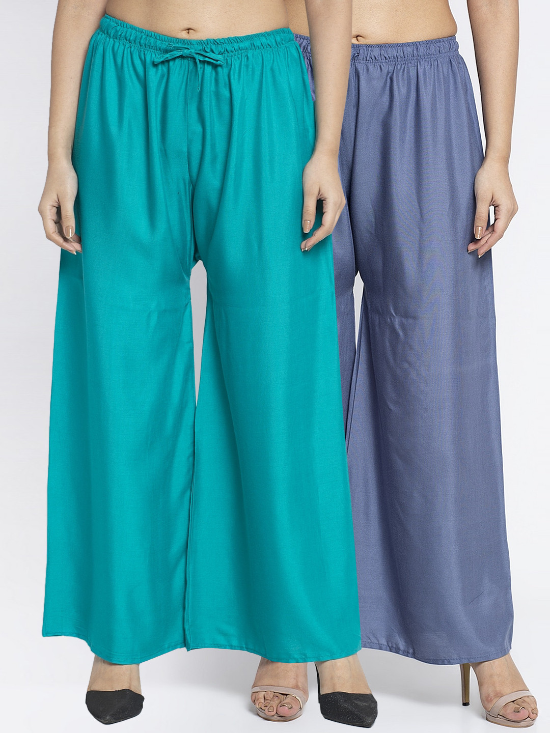 GRACIT Women Grey & Turquoise Blue Set of 2 Solid Wide Leg Palazzos