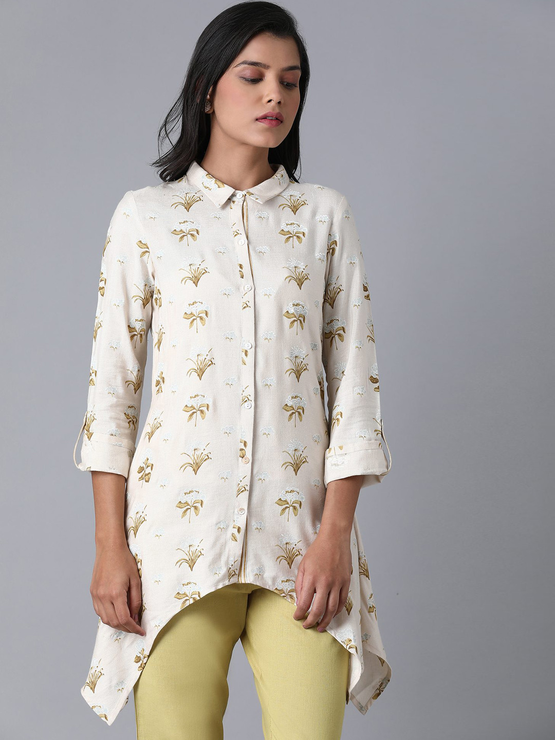 W Off White Printed Roll-up Sleeves Shirt Style Top