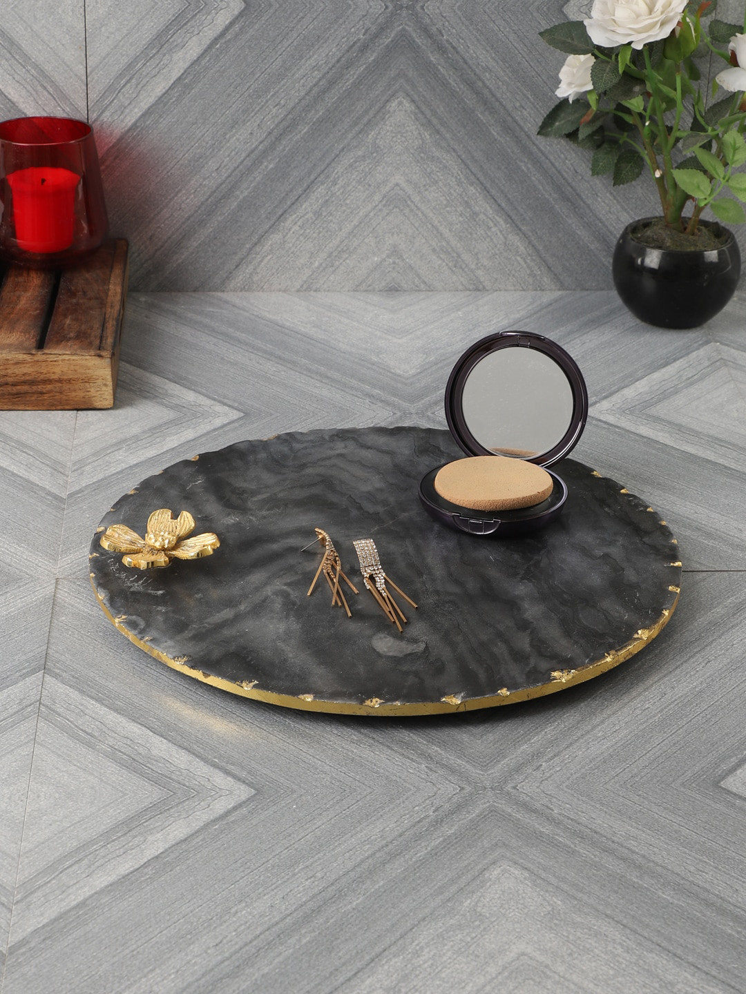 NikkisPride Black & Grey Marble & Flower Embedded Serving Platter