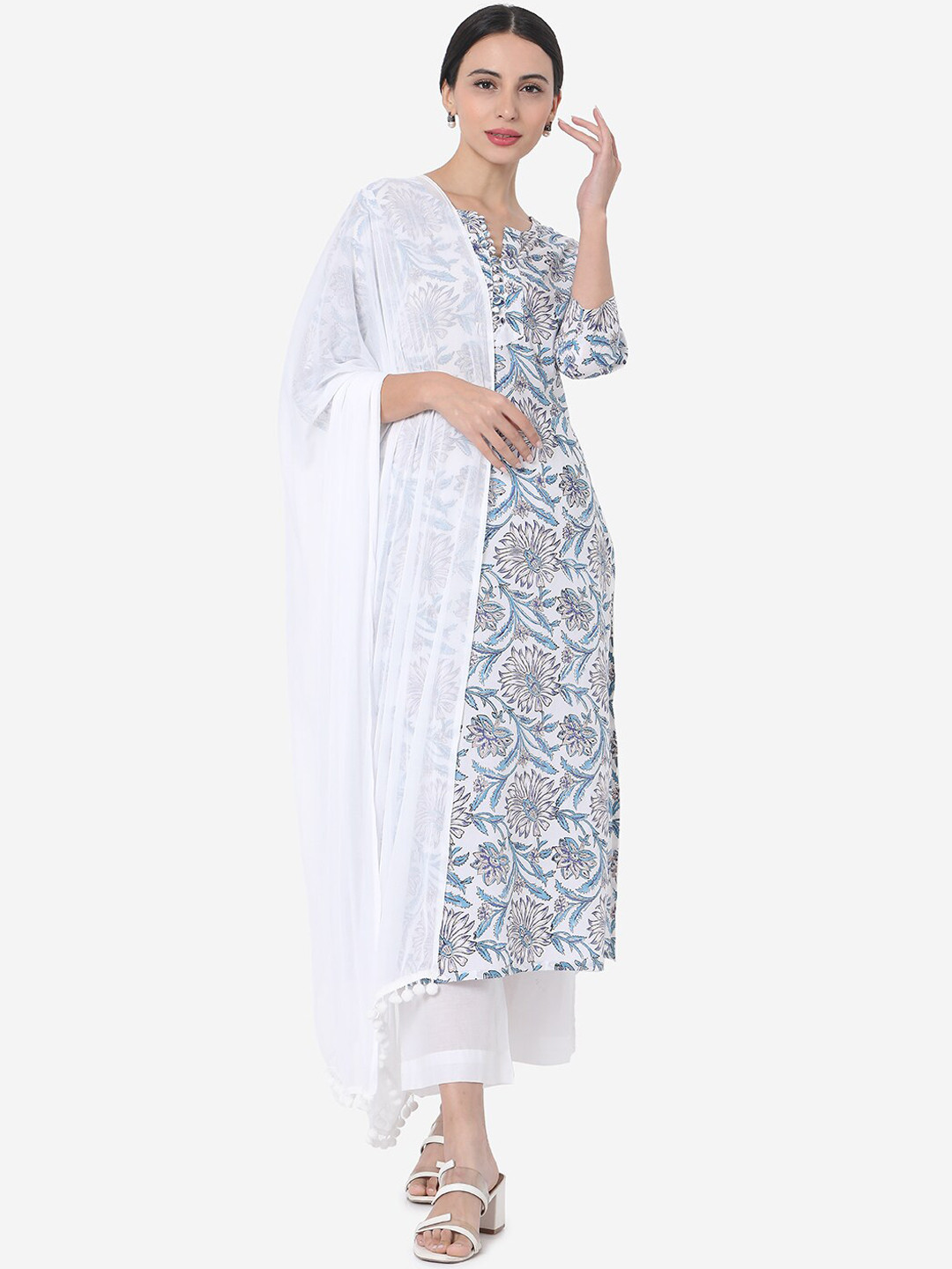 Saanjh Women White Printed Regular Pure Cotton Kurta with Trousers & With Dupatta