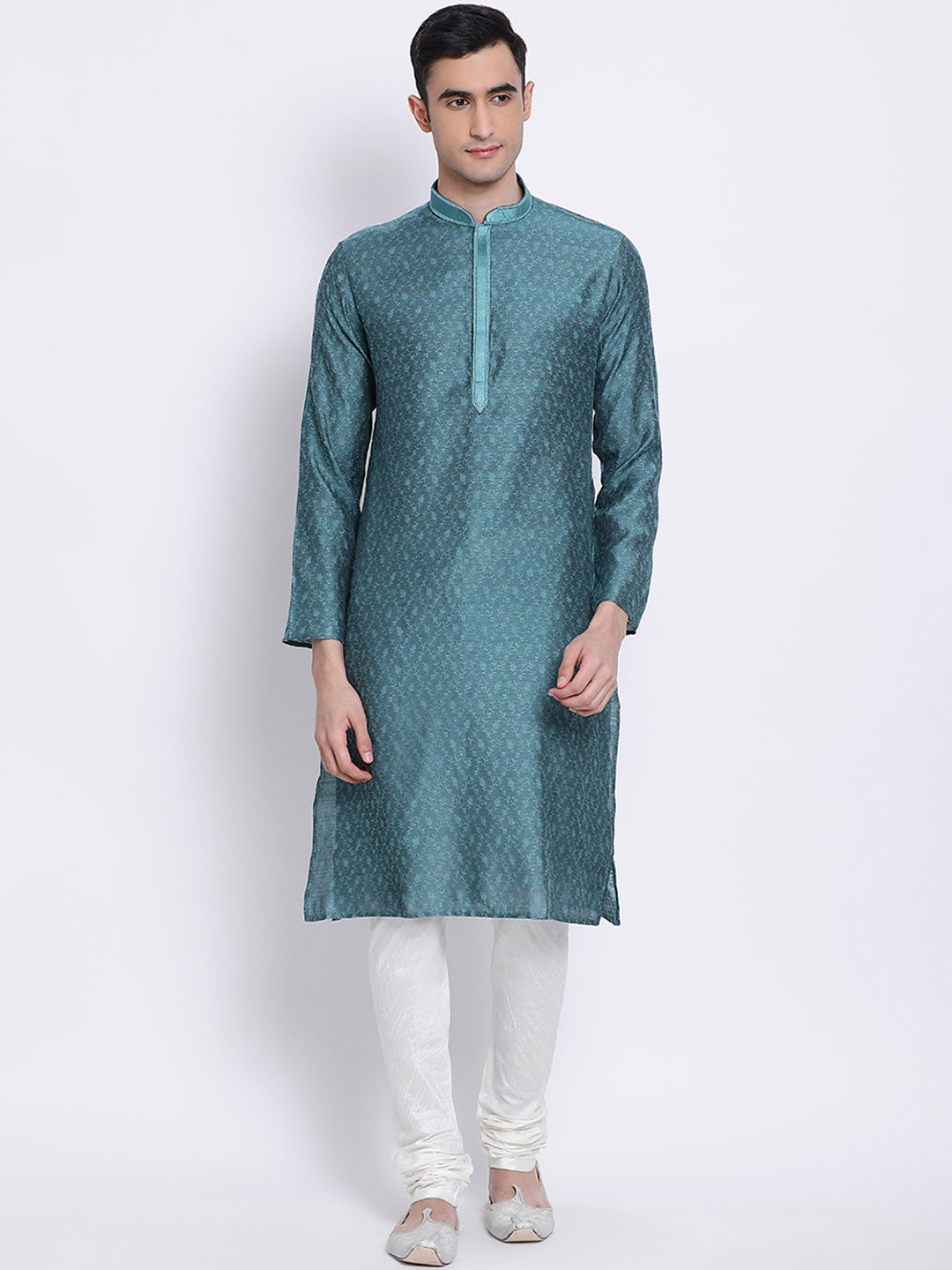 Sanwara  Men Teal Blue Woven Design Straight Kurta