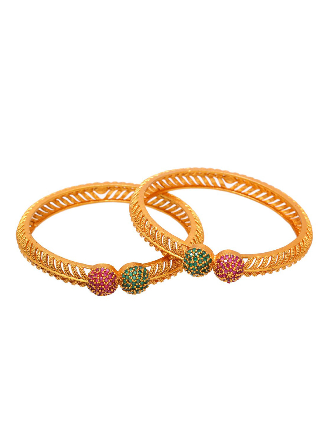 Shoshaa Set of 2 Gold-Plated Green & Pink Stone-Studded Handcrafted Bangles