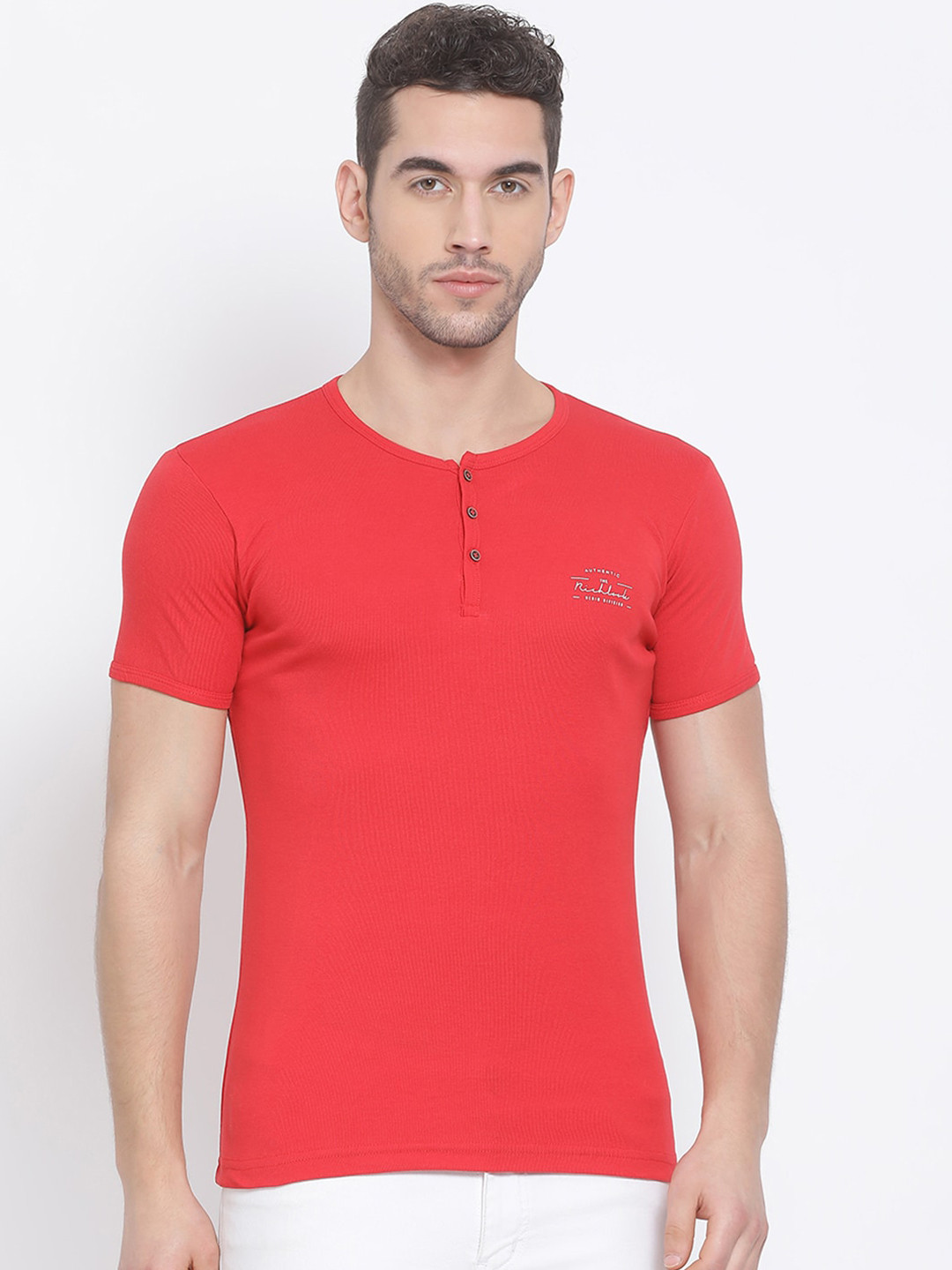 Richlook Men Red Solid Henley Neck T-shirt