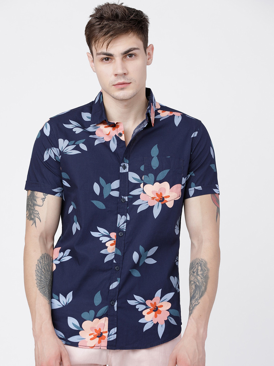 LOCOMOTIVE Men Navy Blue & Pink Slim Fit Printed Casual Shirt
