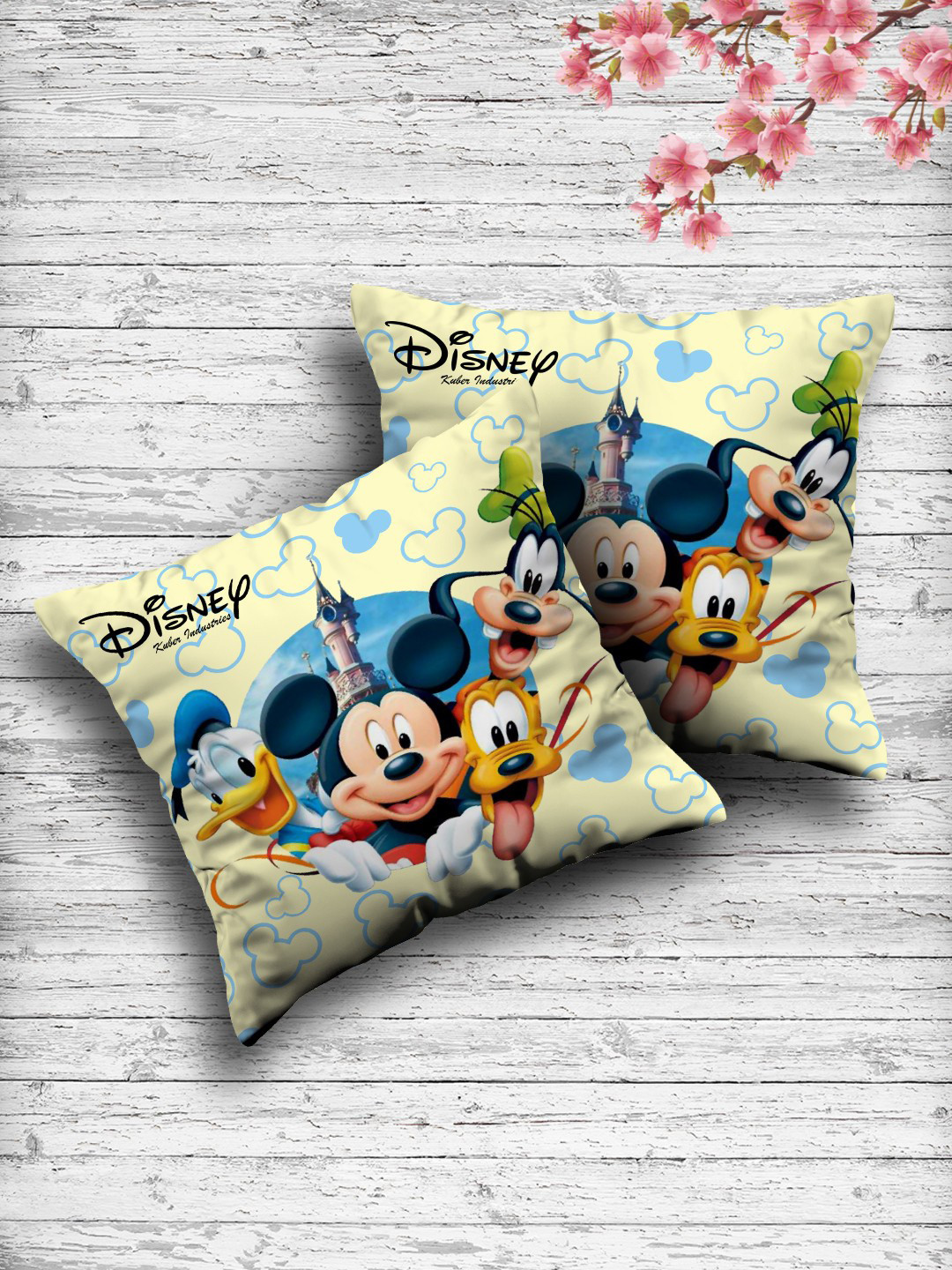 Kuber Industries Set Of 2 Cream-Coloured Disney Printed Reversible Cushions With Fillers