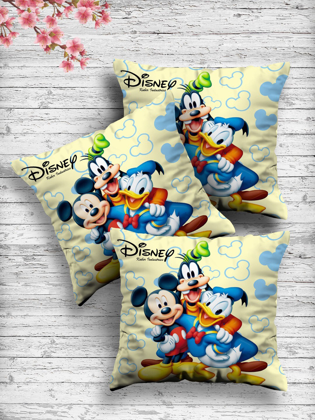 Kuber Industries Set Of 3 Cream-Coloured & Blue Disney Printed Reversible Cushions