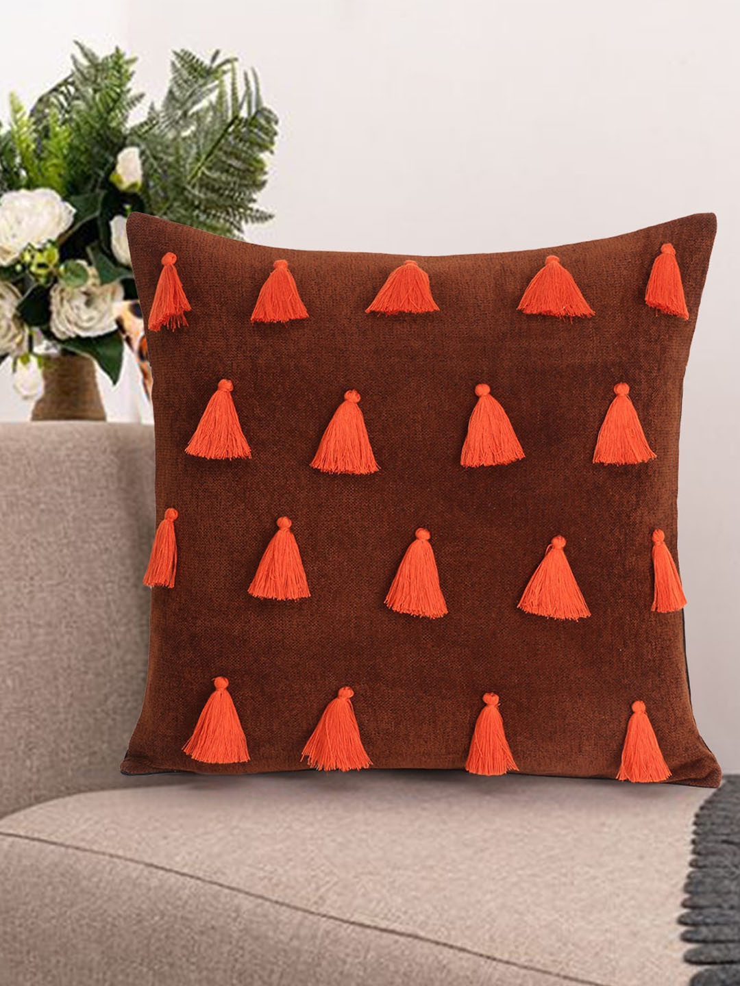 Mezposh Tasselled Rust Self Design Cotton Washable Square Cushion Cover -16x16In