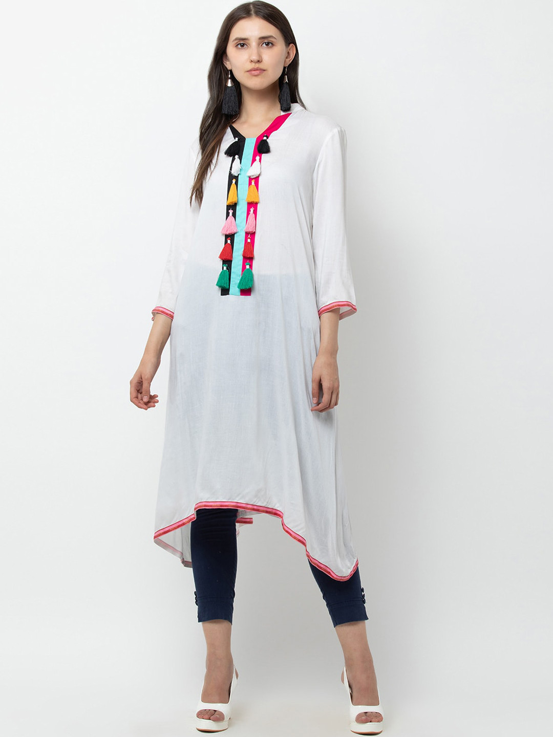 DODO & MOA White & Pink Solid A-Line Kurta