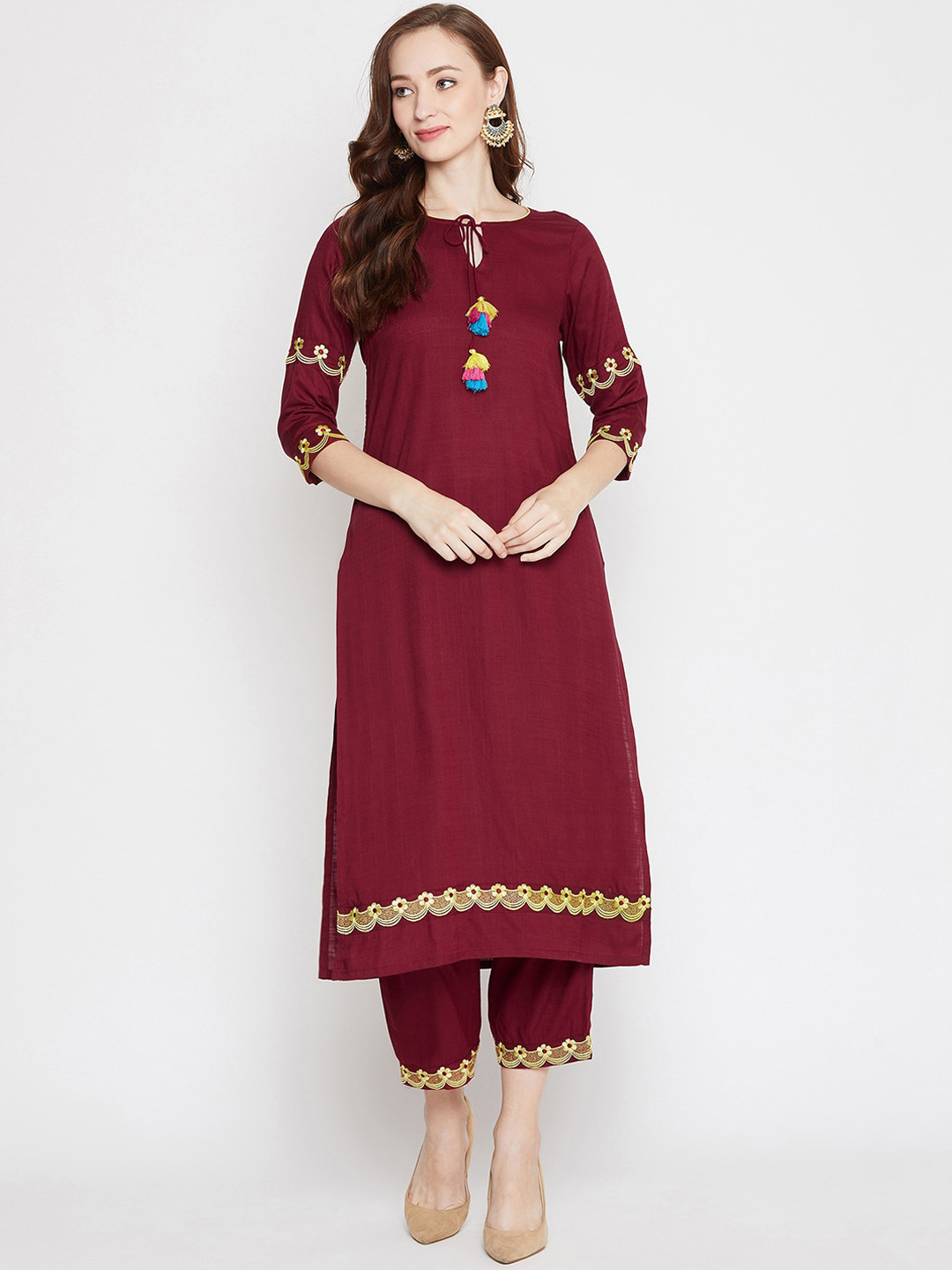 WineRed Women Maroon Embroidered Kurti with Trousers