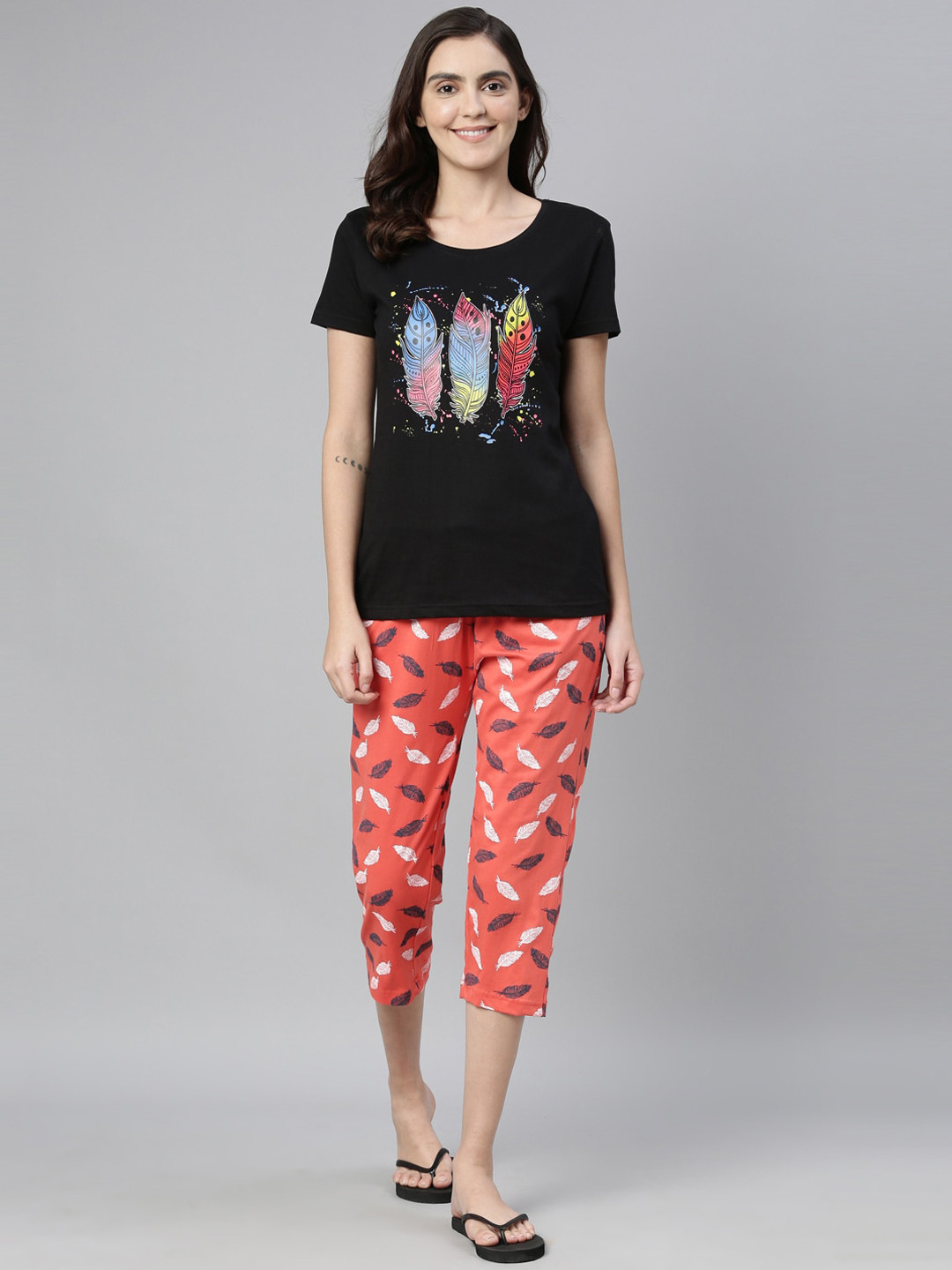 Kryptic Women Black & Orange Printed Night Suit