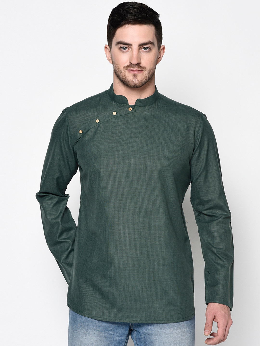 Tabard Men Green Solid Cotton Angrakha Kurta