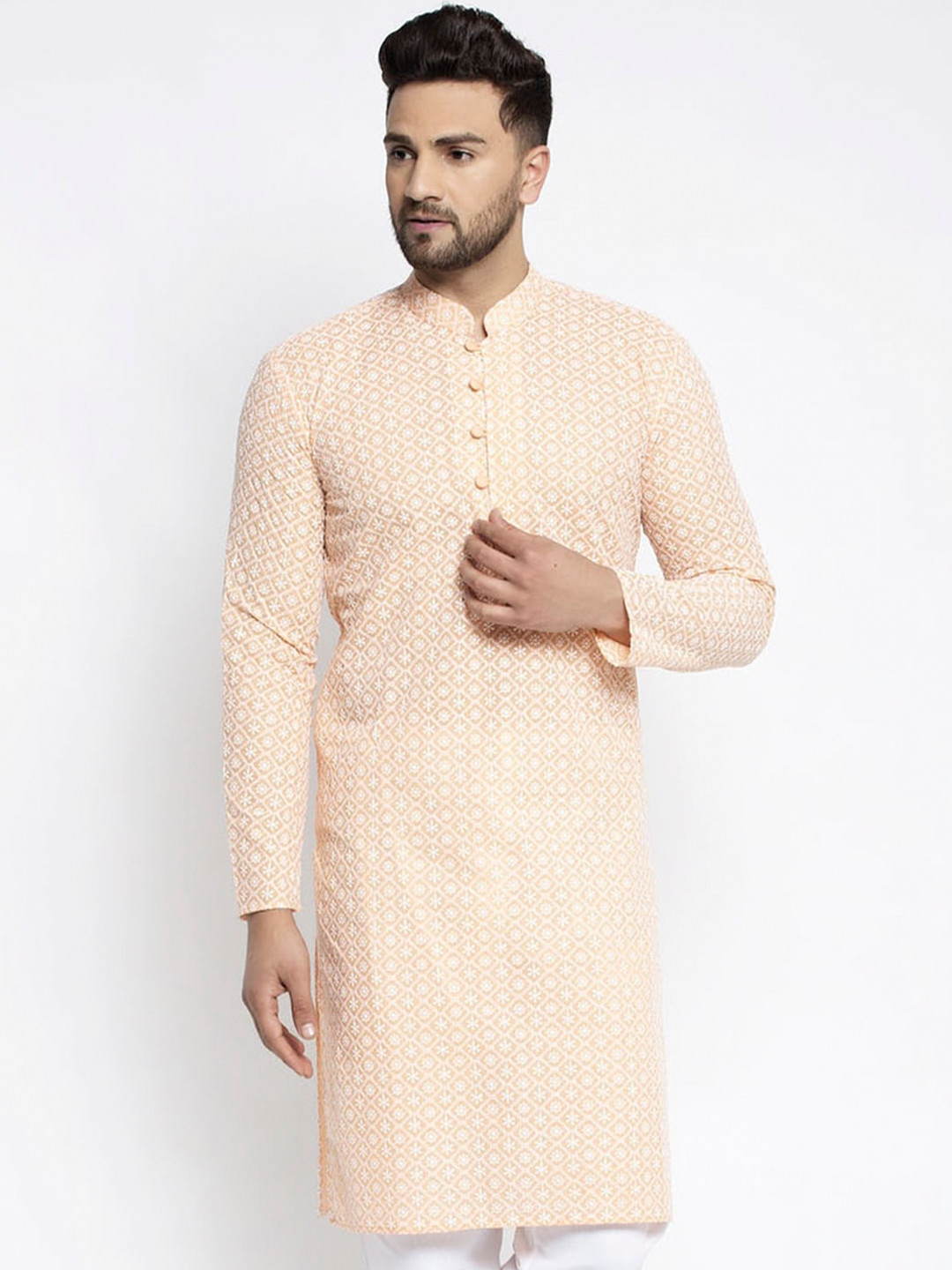 Jompers Men Peach-Coloured Thread Work Kurta