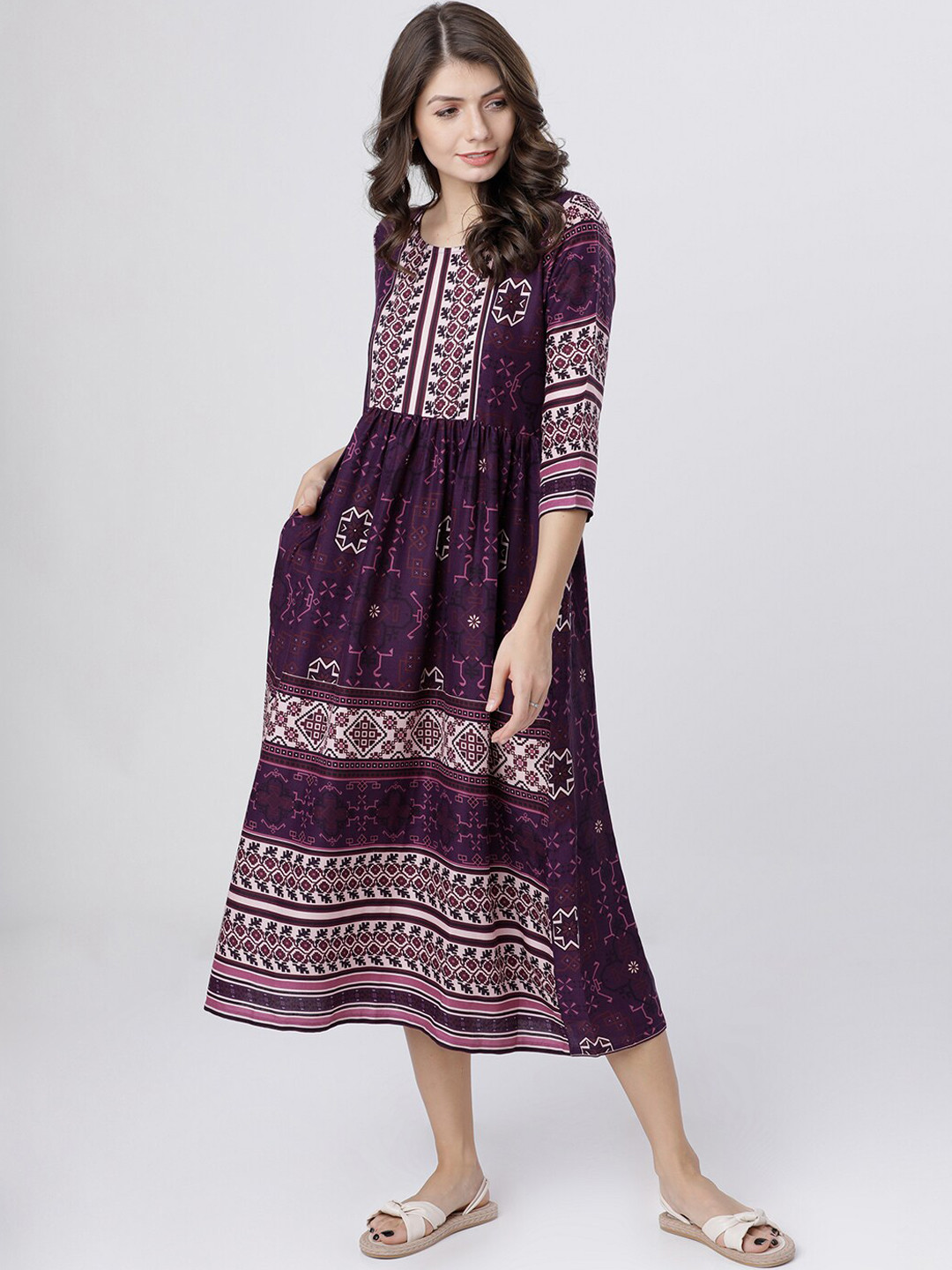 Vishudh Purple & Off-White Ethnic Motifs Printed A-Line Dress