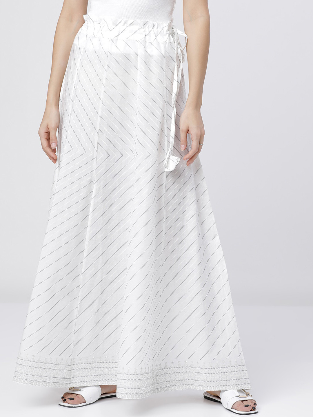 Vishudh White & Grey Striped Pure Cotton Flared Maxi Skirt