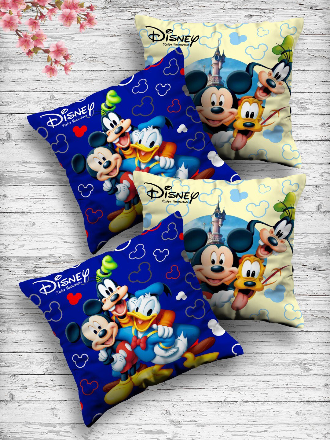 Kuber Industries Set Of 4 Cream & Blue Disney Both Side Printed Reversible Cushions