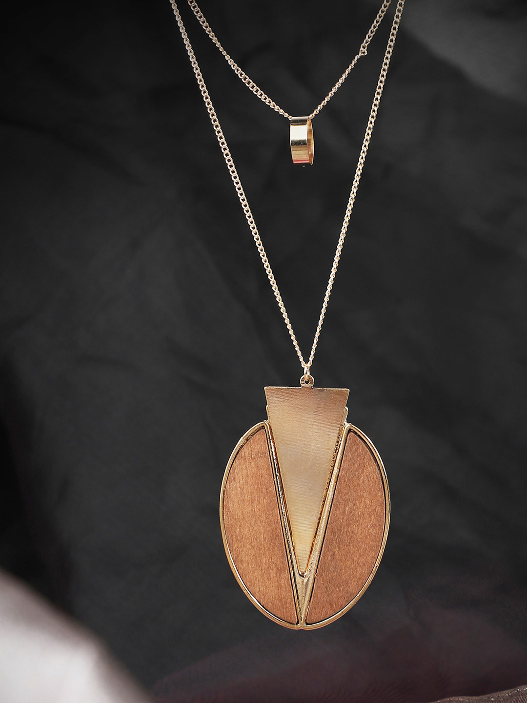 ANIKAS CREATION Brown Gold-Plated Wooded Pendant Double Chain Pendant