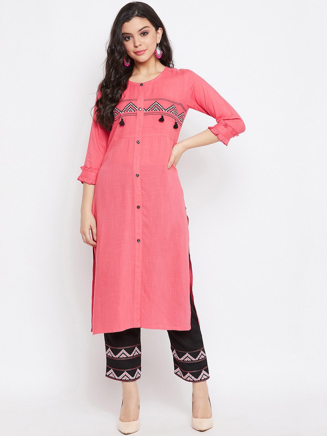 WineRed Women Pink & Black Yoke Design Kurta with Trousers