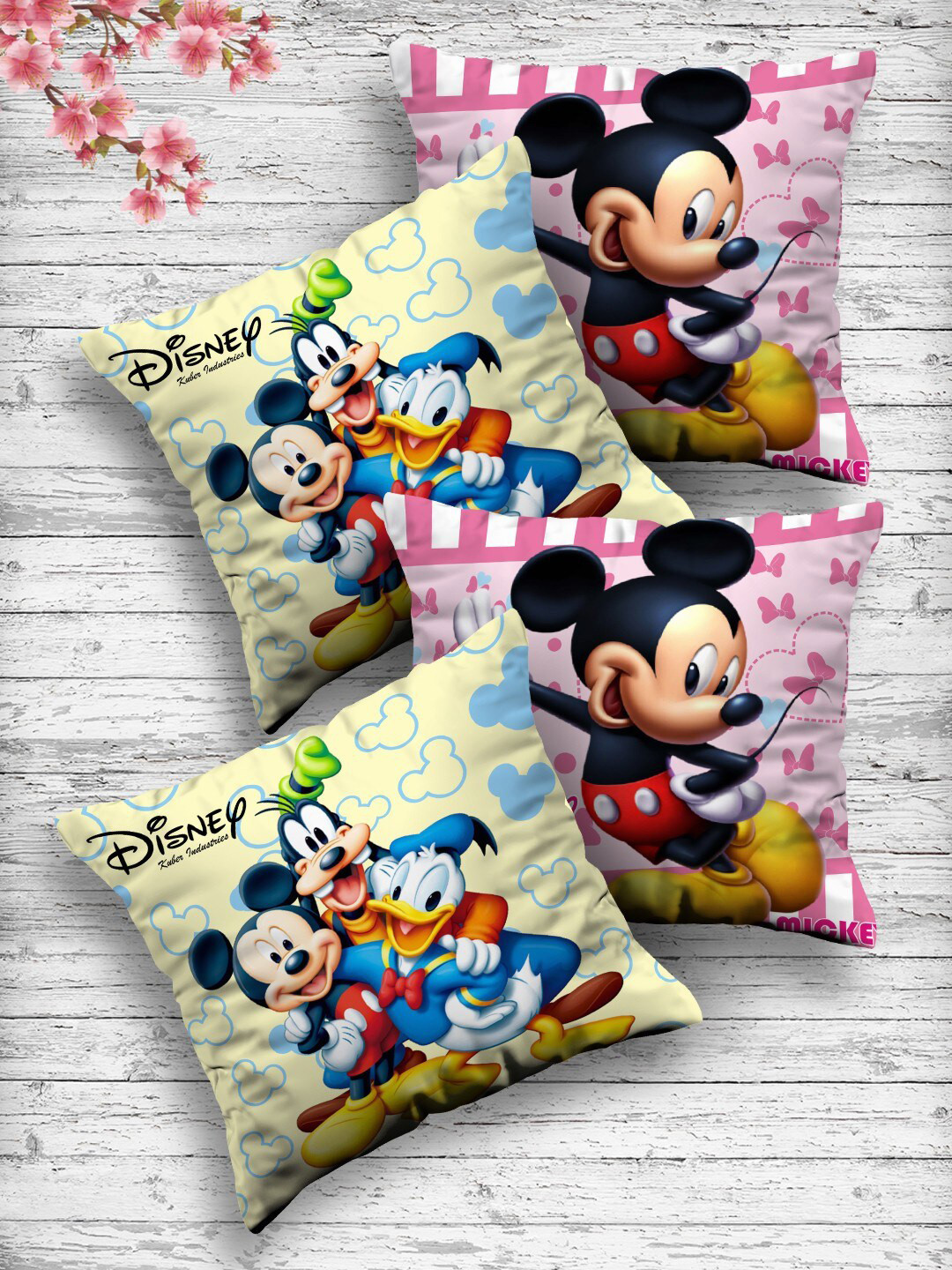 Kuber Industries Set Of 4 Pink & Cream-Coloured Both Side Disney Printed Reversible Cushions