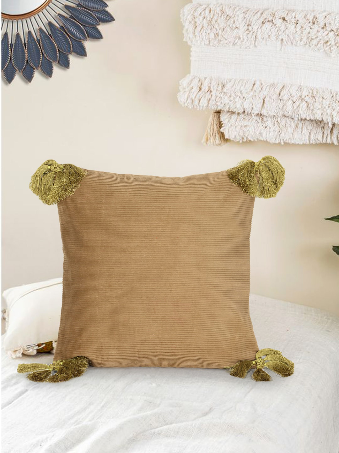 Mezposh Tasselled Striped Cotton Embroidered Square Cushion Covers - 16 x 16 In