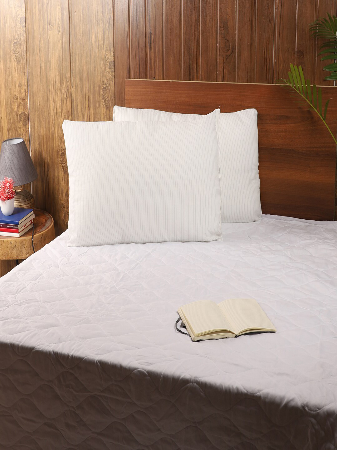 MFD HOME FURNISHING MFD -702 White Striped Polycotton Set of 2 Medium Fibre Sleep Pillow-60.96 x 40.64 cm