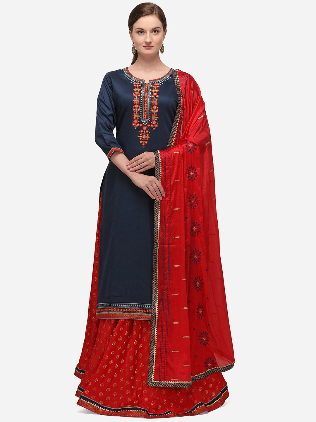 SheWill Navy Blue & Red Silk Blend Unstitched Dress Material