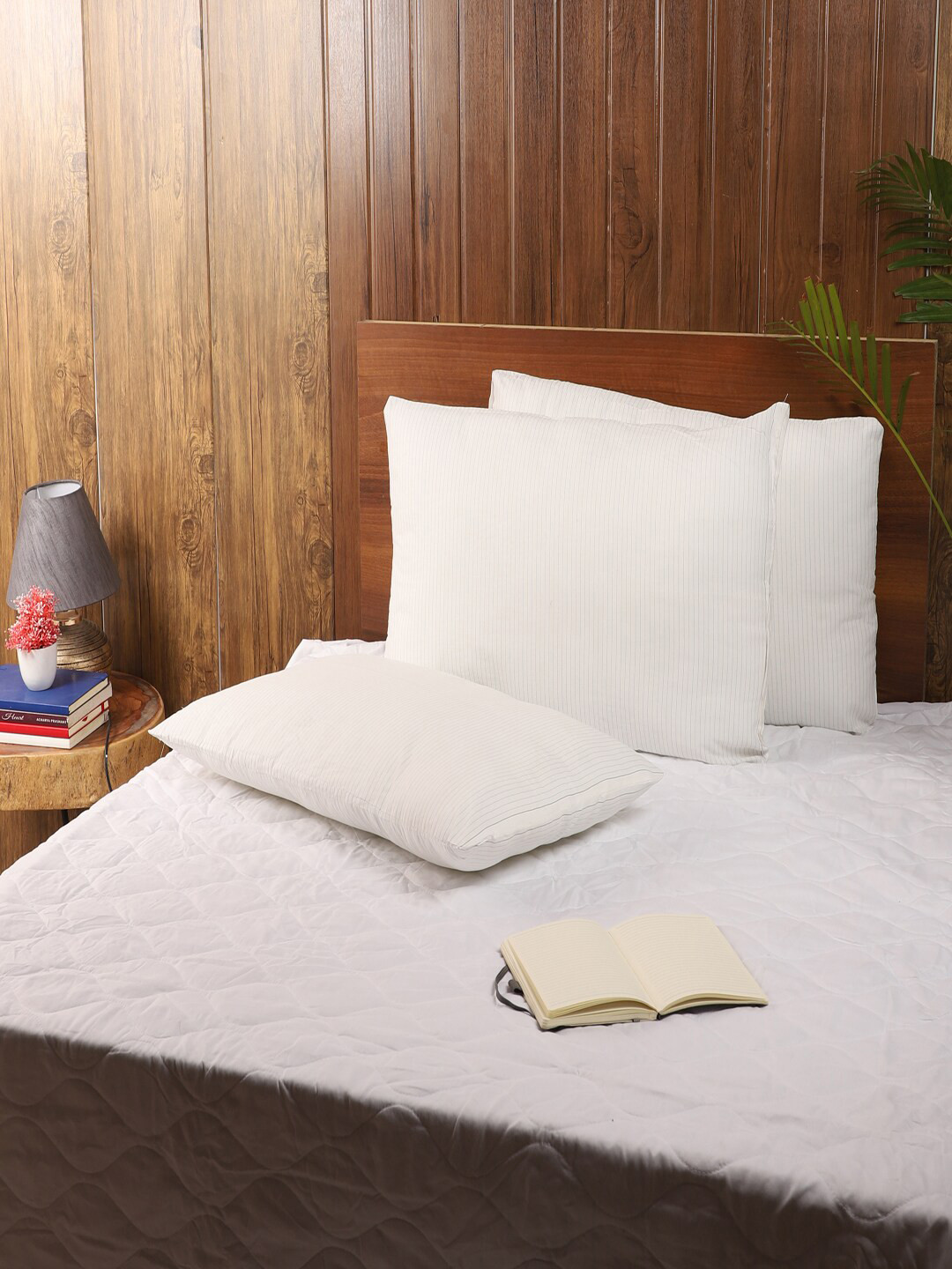 MFD HOME FURNISHING MFD -703 White Striped Polycotton Set of 3 Medium Fibre Sleep Pillow-40.64 x 60.96 cm