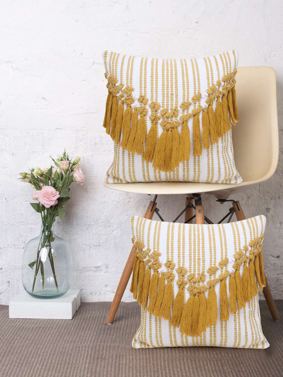 Mezposh White Striped Cotton Handcrafted 2 Pcs Embroidered Square Cushion Covers -16x16In