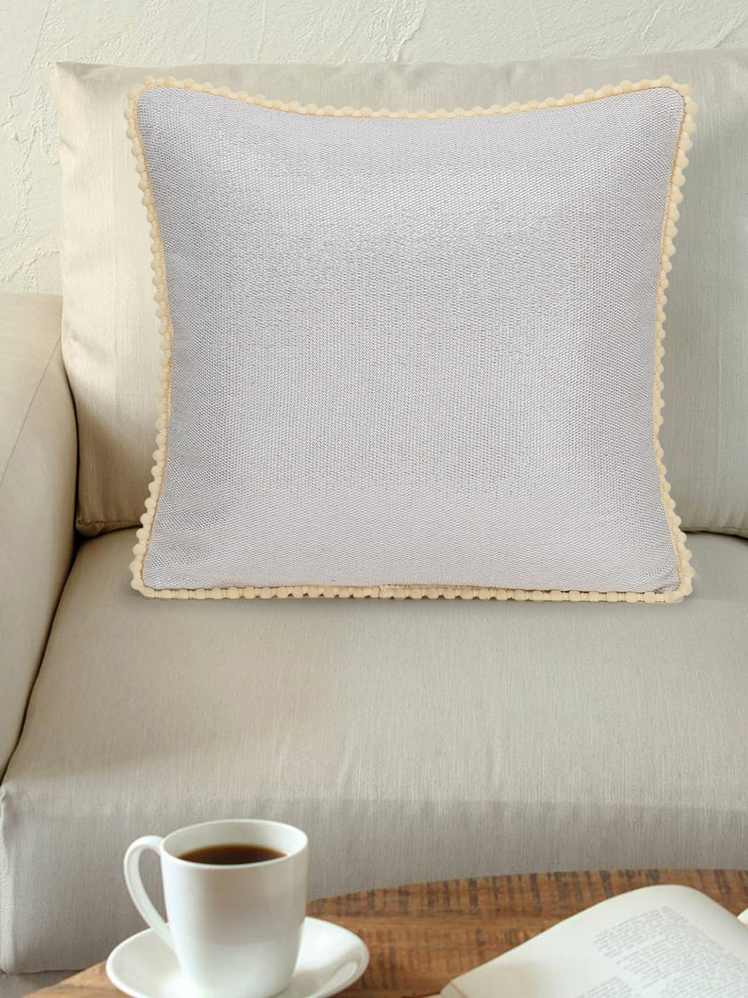 Mezposh Silver-Toned & Beige Set of Single Self Design Square Cushion Covers