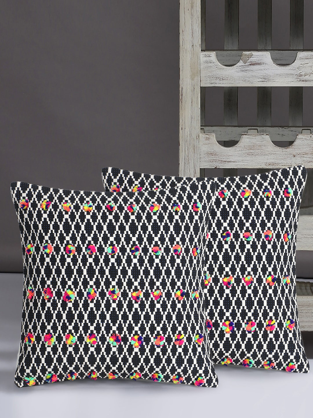 Mezposh Black & White Set of 2 Quirky Square Cushion Covers