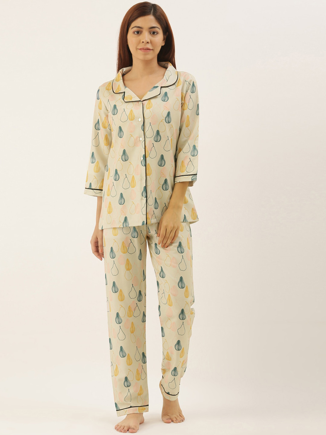 Bannos Swagger Women Cream-Coloured & Yellow Printed Night suit