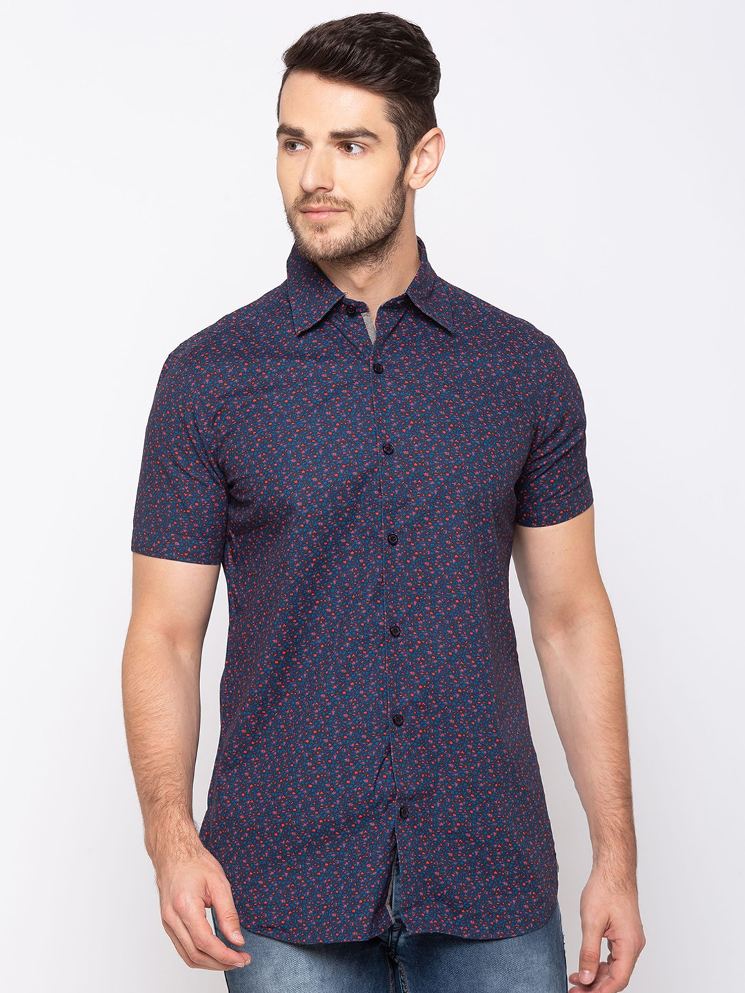 Kenneth Cole Men Navy Blue Regular Fit Printed Casual Shirt