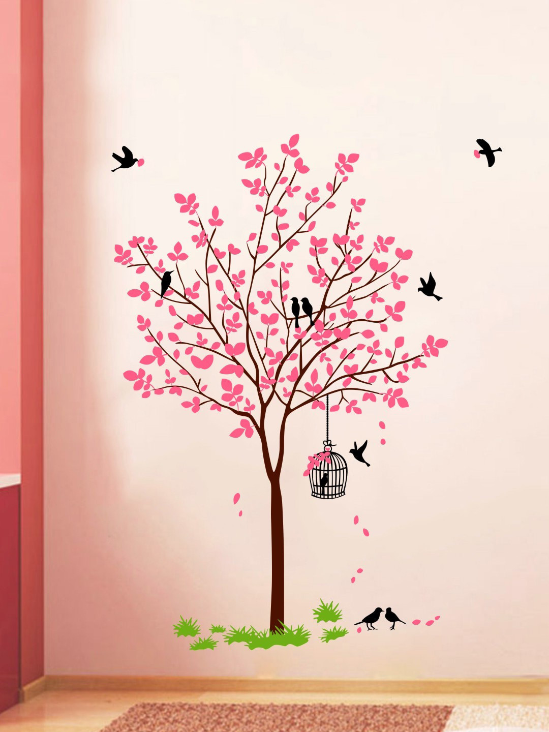 rawpockets Pink & Brown Tree With Birds & Nest Wall Sticker