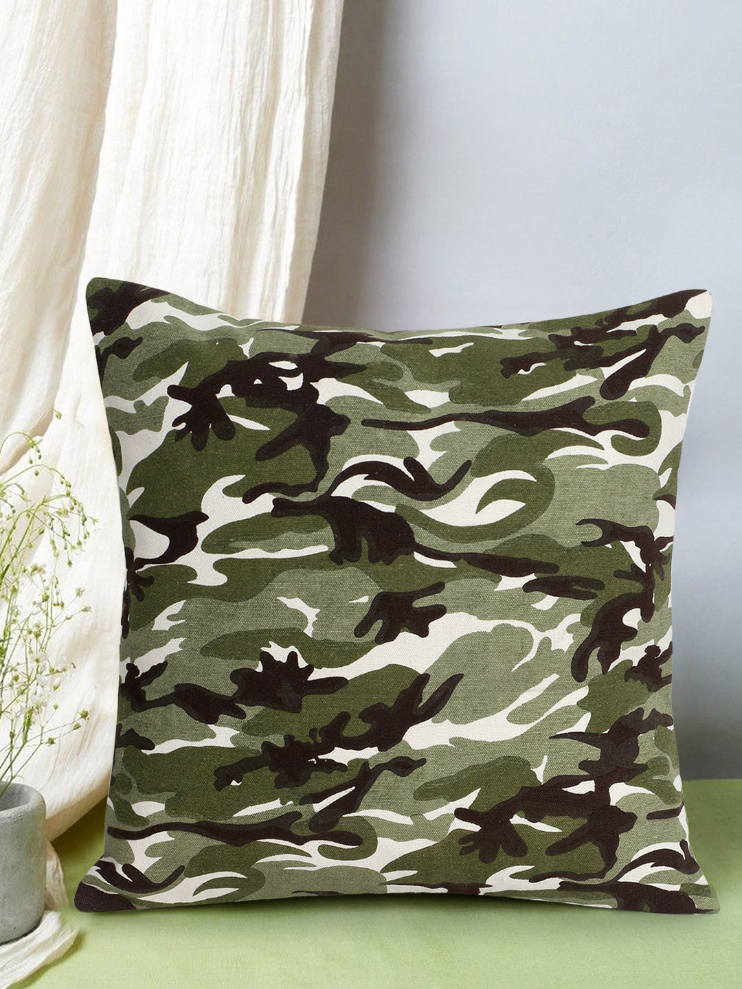 Mezposh Green Abstract Cotton Ultra Soft Square Cushion Cover - 16 x 16 Inches