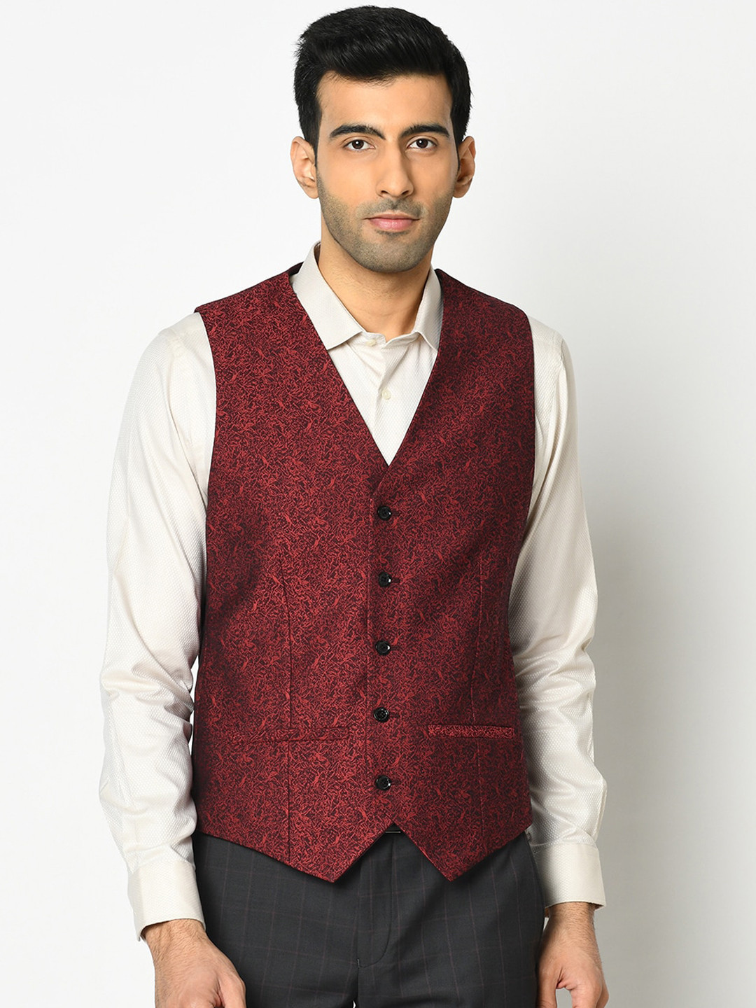 Blackberrys Men Maroon Printed Formal Woven Waistcoat