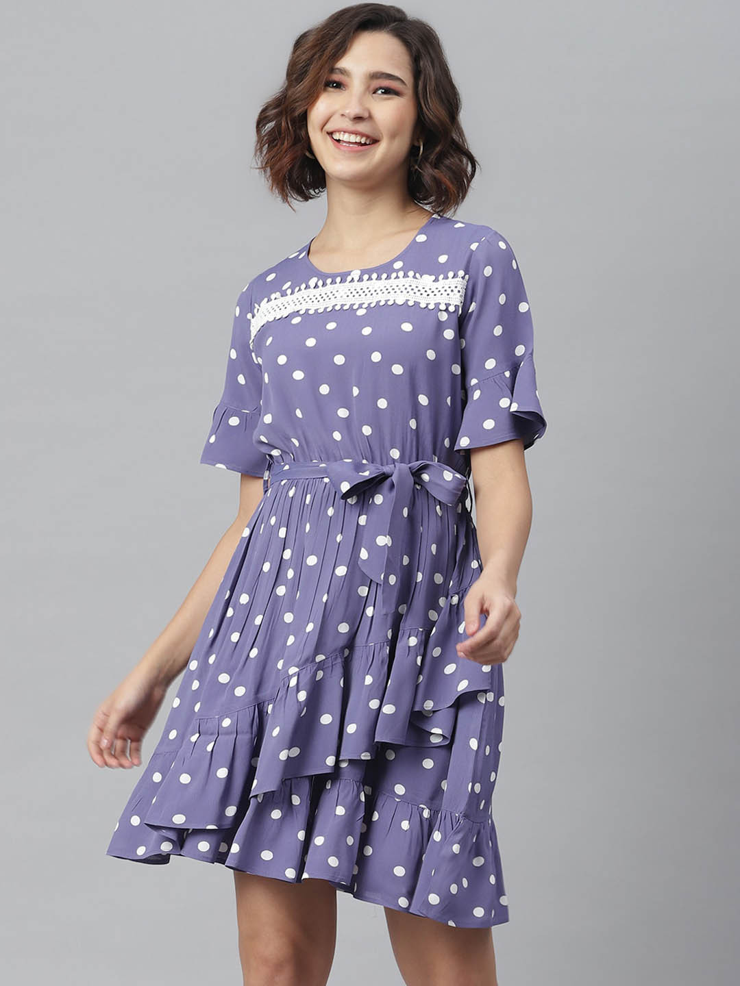 StyleStone Women Lavender & White Geometric Printed Fit and Flare Dress