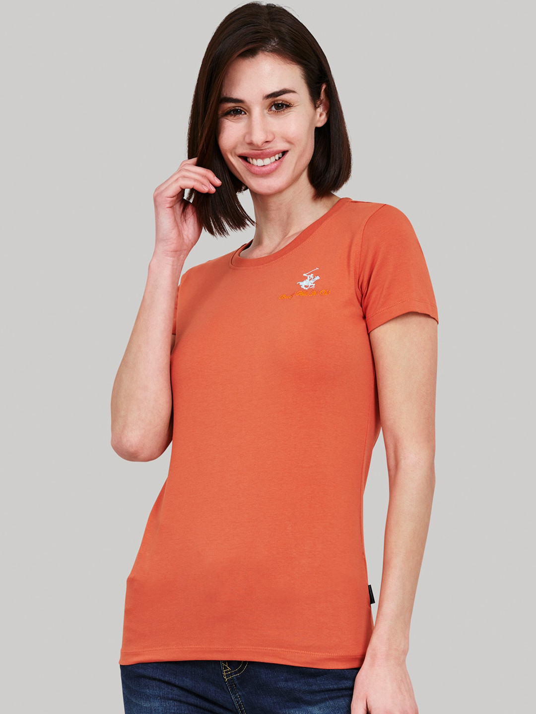 Beverly Hills Polo Club Women Rust Solid Round Neck T-shirt