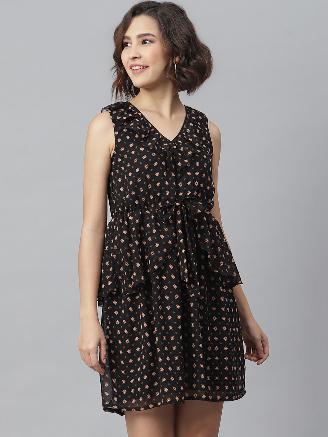 StyleStone Women Black Floral Fit and Flare Dress