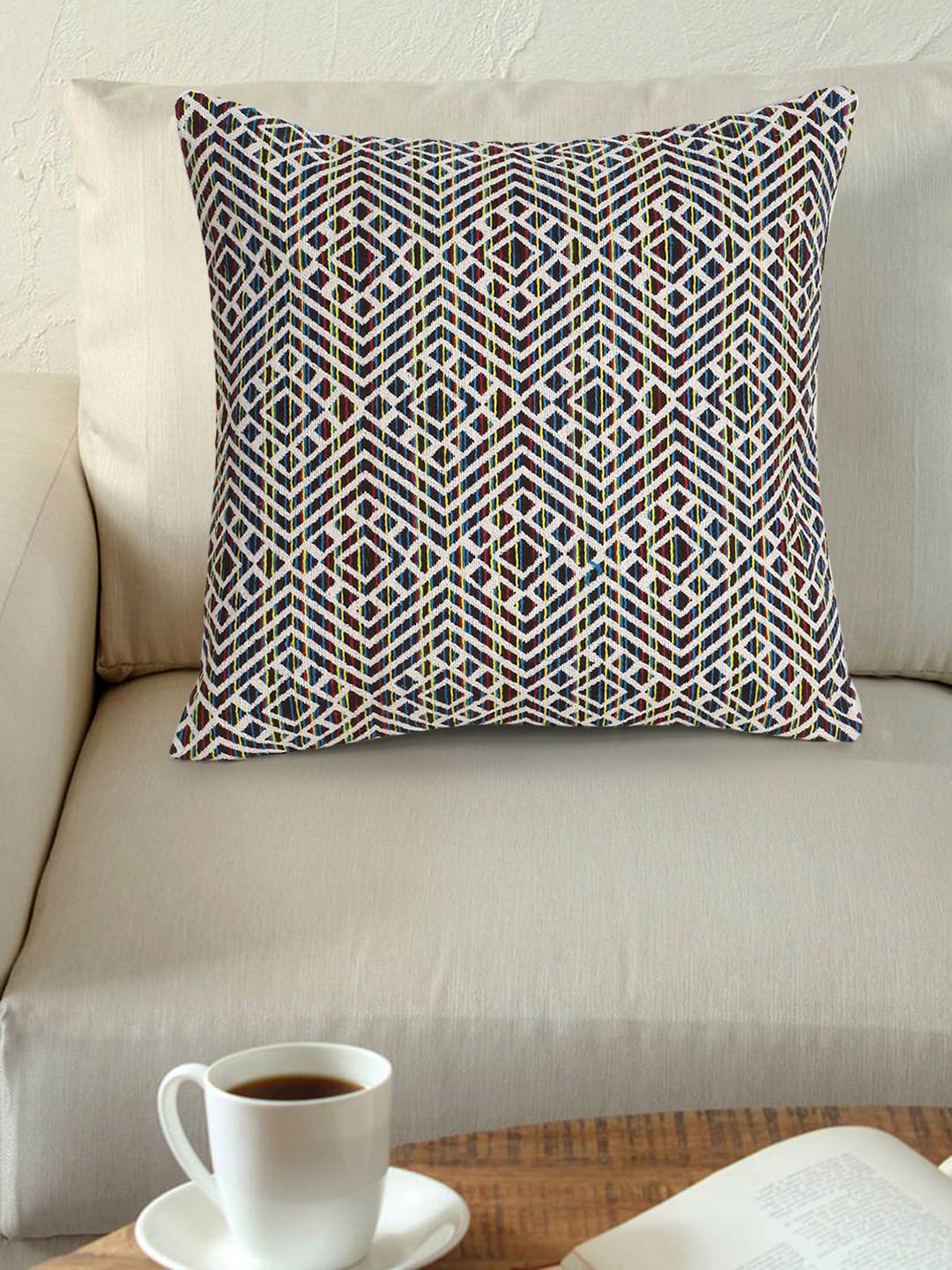 Mezposh Off White Geometric Polyester Silk Washable Embroidered Cushion Cover -16x16In