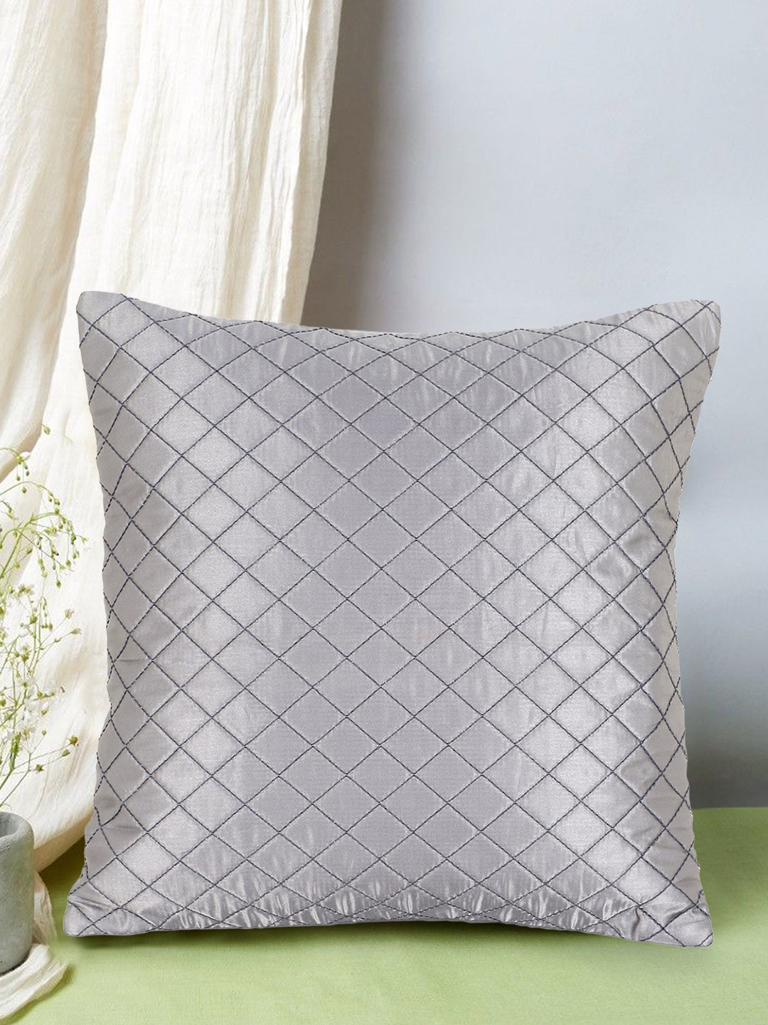 Mezposh Grey Geometric Polyester Silk Quilted Square Cushion Cover -16x16In