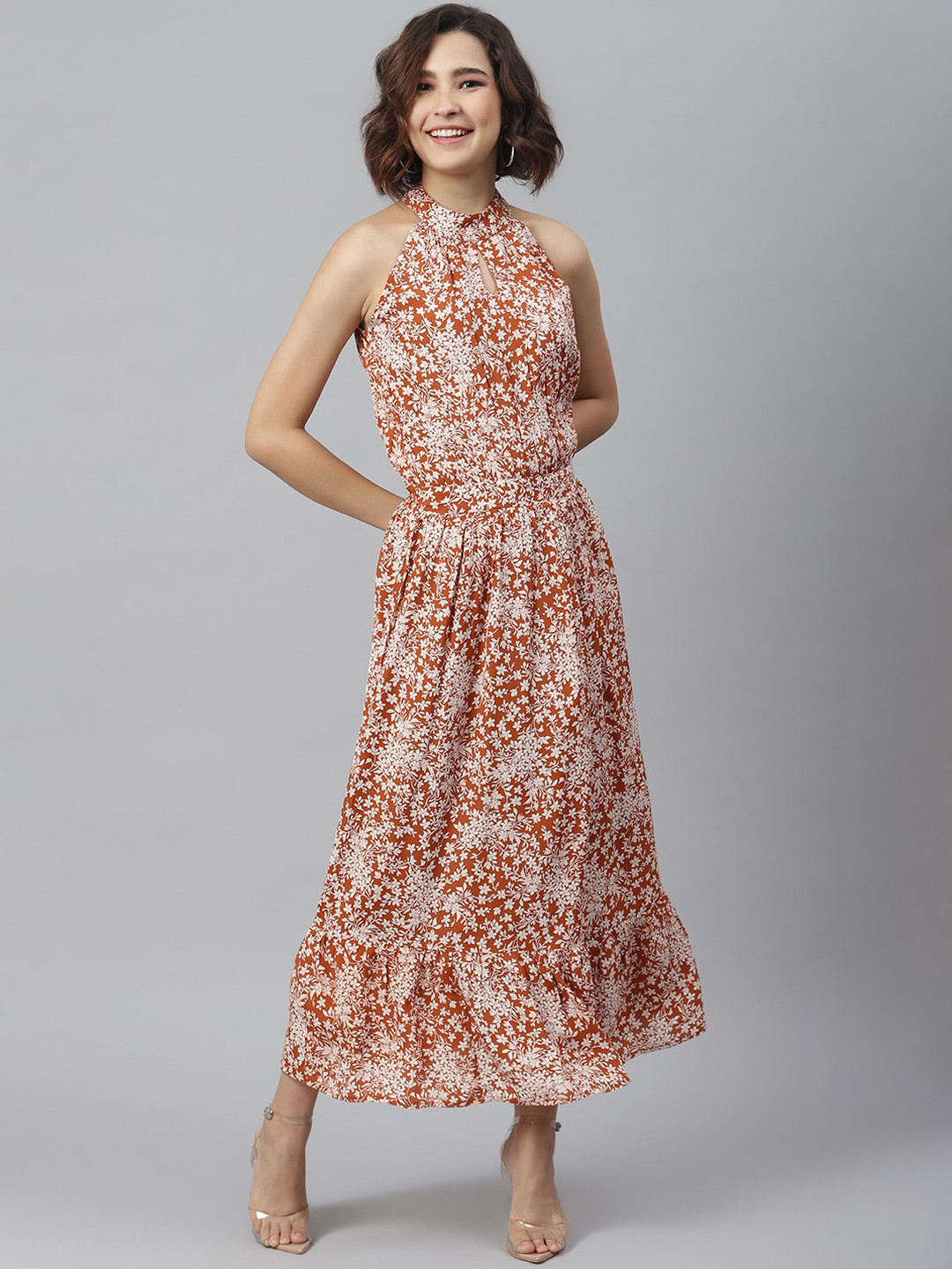 StyleStone Women Rust Printed Maxi Dress